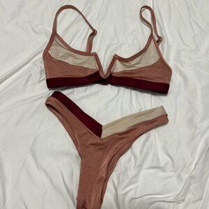 ONEONE SWIMWEAR 2 Piece Bikini Set | Metallic Pink /Burgundy. Size: Small